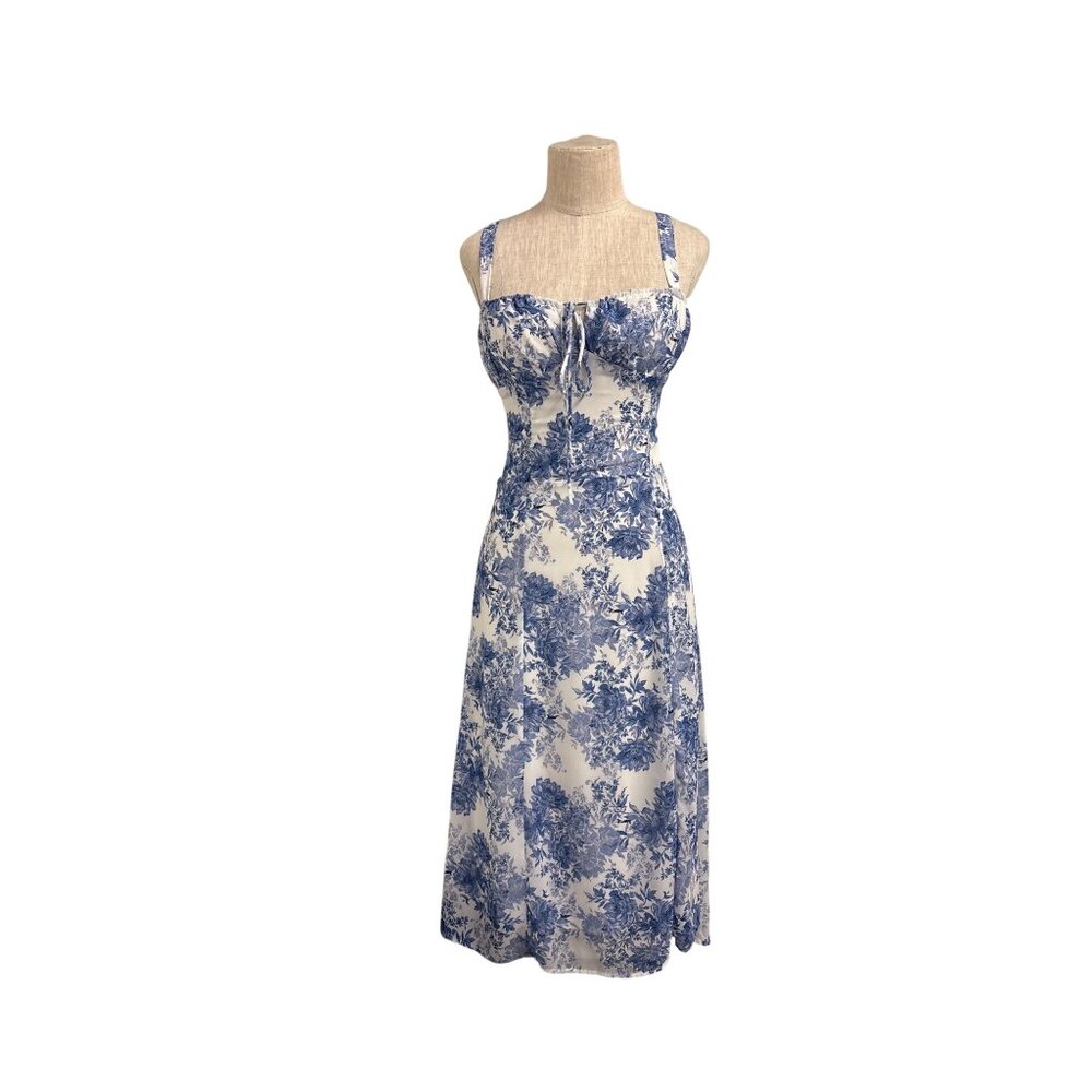 Shasa Blue White Floral Midi Dress With Corset Back Adjustable Straps Size Small